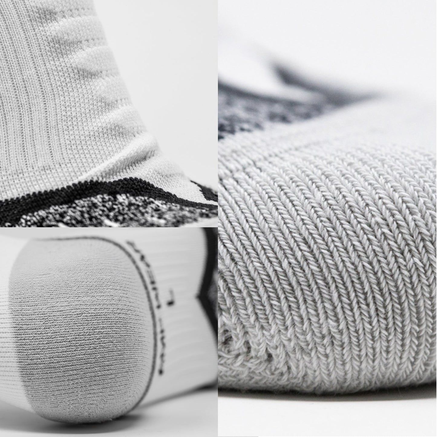 A collage displays close-ups of iReliev AMP Ankle Compression Socks. Ribbed heel, fine stitching, and tight-knit, moisture-wicking fabric offer comfort and durability—perfect for running.