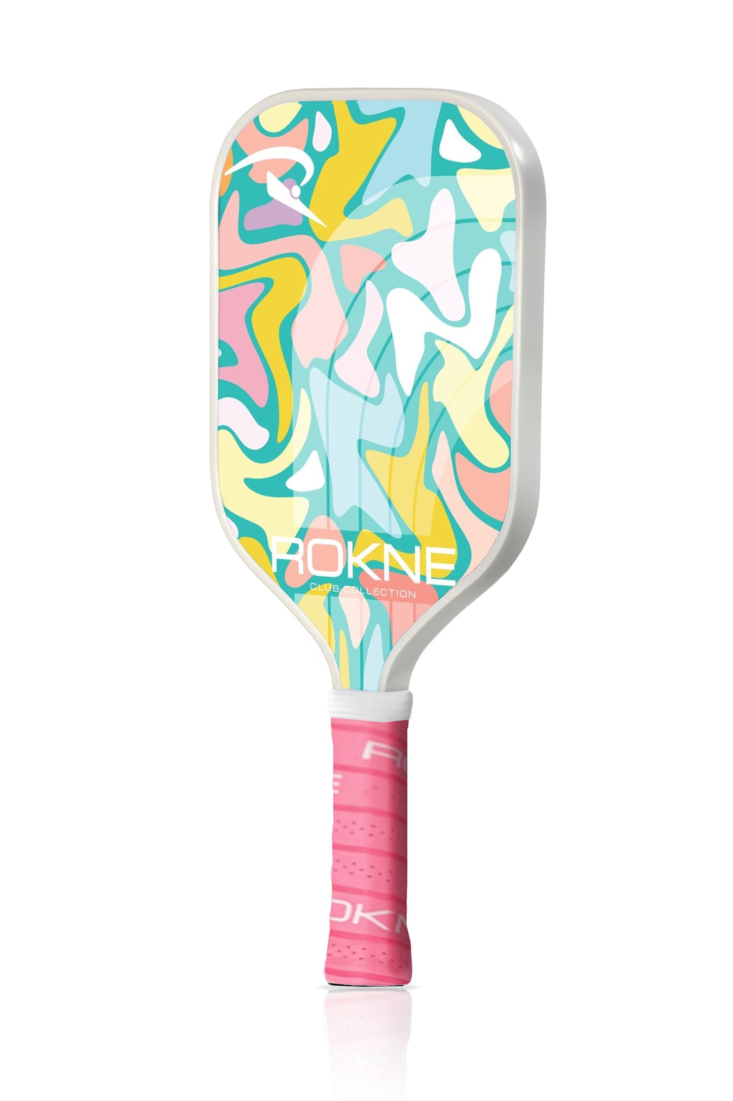 The ROKNE CLUB COLLECTION pickleball paddle features a white edge, PROGrit texture, a colorful abstract pattern in teal, yellow, pink, orange, and white, pink grip tape on the handle, and ROKNE branding on the lower face.