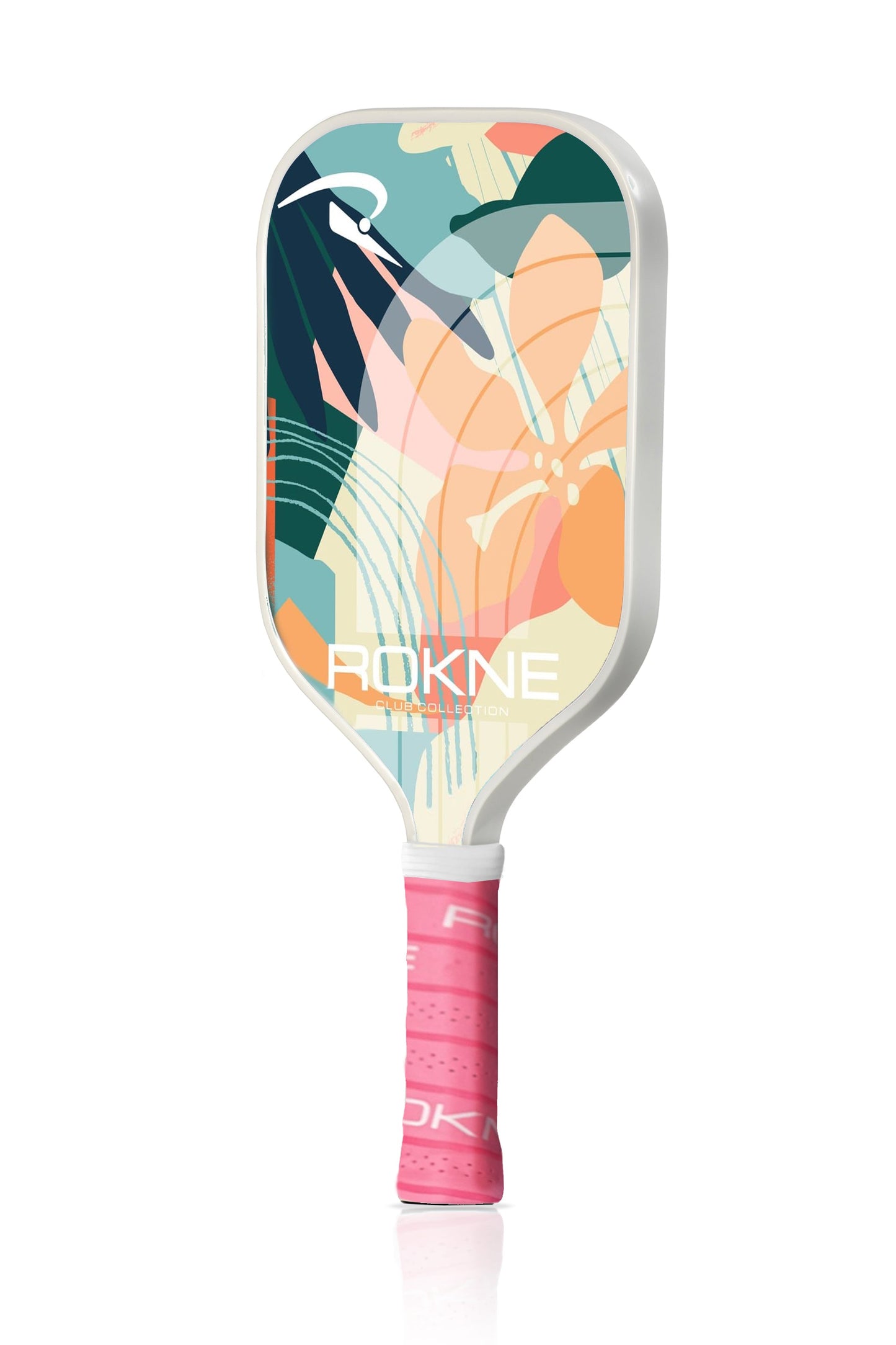 The ROKNE CLUB COLLECTION pickleball paddle features a white edge, colorful floral design with orange, green, teal, and beige abstract flowers, a durable honeycomb core, pink grip, and ROKNE branding for style.