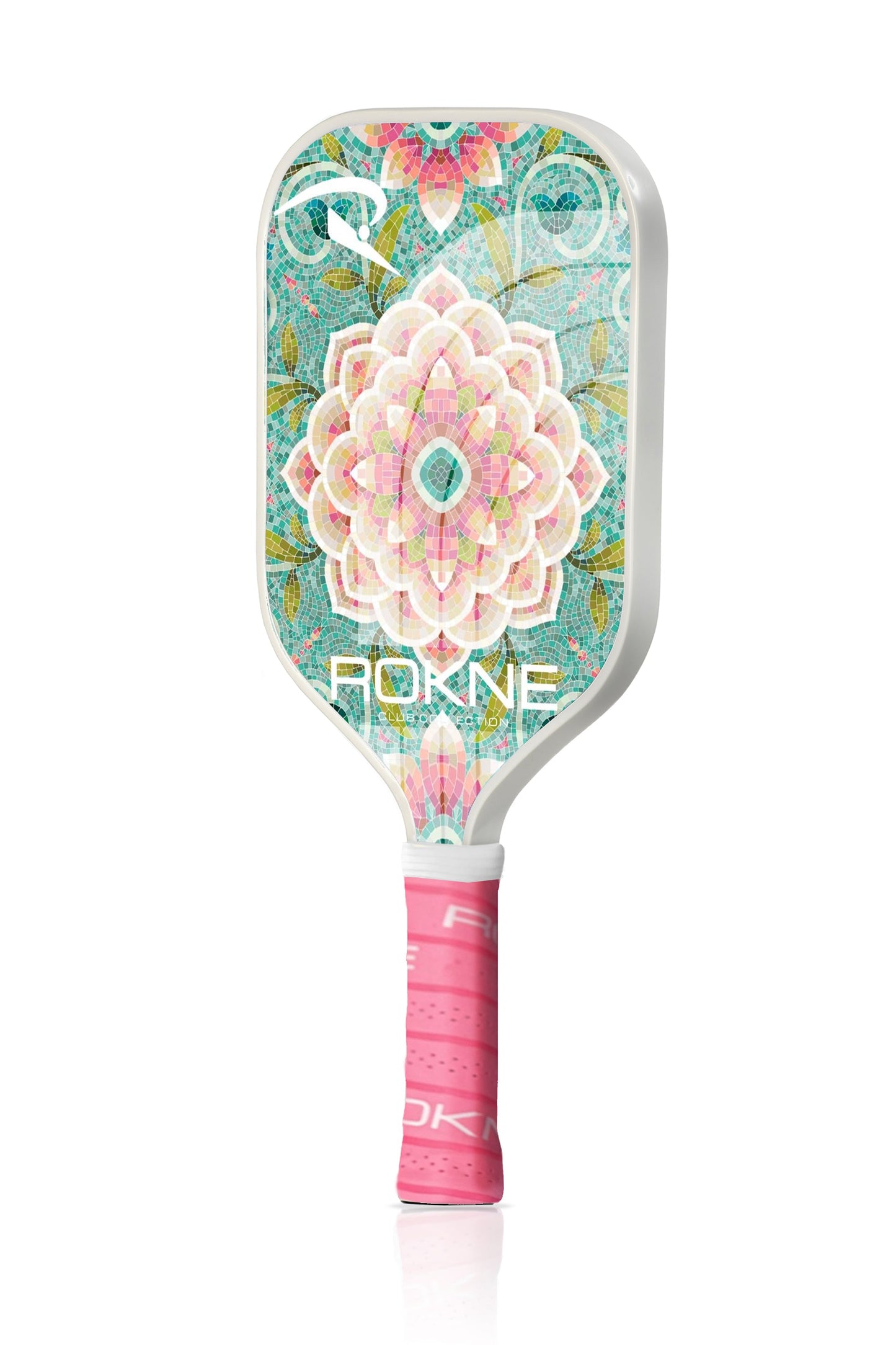 The ROKNE CLUB COLLECTION pickleball paddle features a white edge, bold pink and peach mandala over a blue pattern, honeycomb core for power, pink grip tape, and "ROKNE" printed near the base.