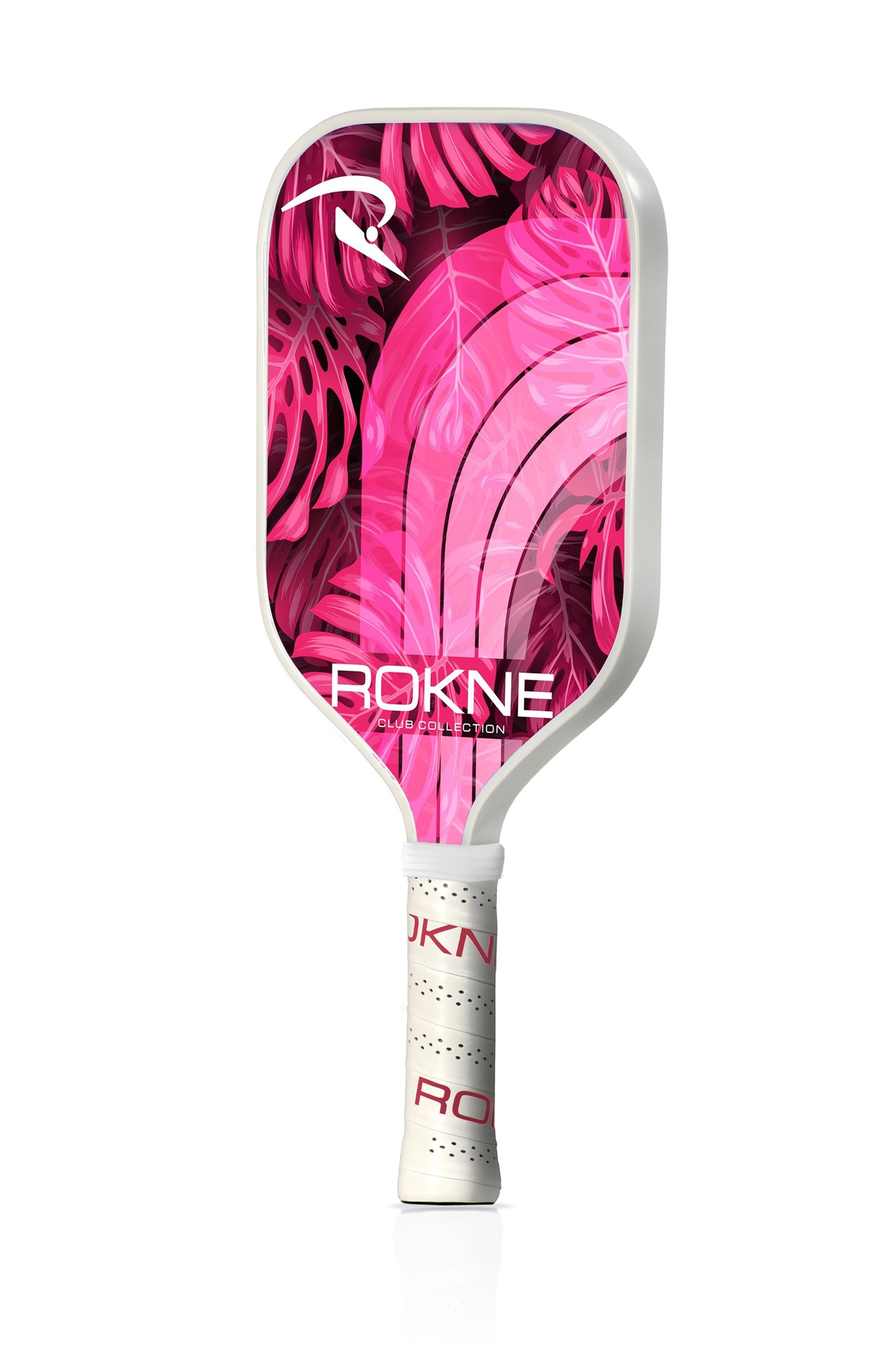 The ROKNE CLUB COLLECTION pickleball paddle features a white frame and handle with a vibrant pink abstract leaf design, a honeycomb core for performance, and white branding near the base.