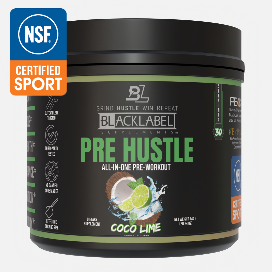 A black tub of BLACKLABEL Supplements PRE HUSTLE V3 pre-workout powder, Coco Lime flavor, features coconut and lime images, a black lid, green label accents, NSF Certified Sport mark, benefits, and serving size details on the label.