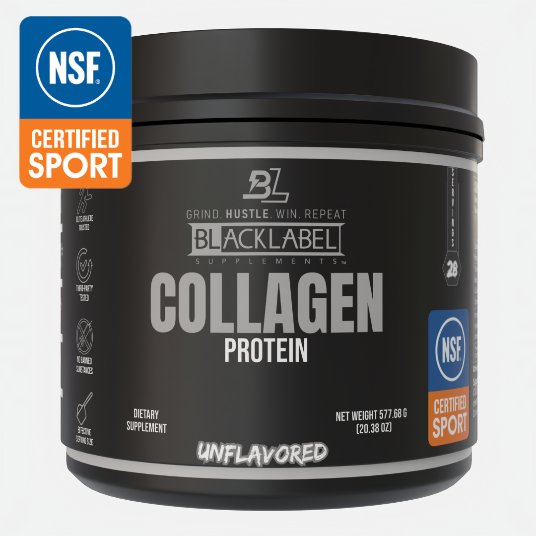 A black tub of BLACKLABEL Supplements COLLAGEN PROTEIN, unflavored, with white and gray text. Label shows "NSF Certified Sport," 28 servings, “Grind. Hustle. Win. Repeat.” Supports joint health and injury recovery; net wt 577.68 g (20.38 oz).