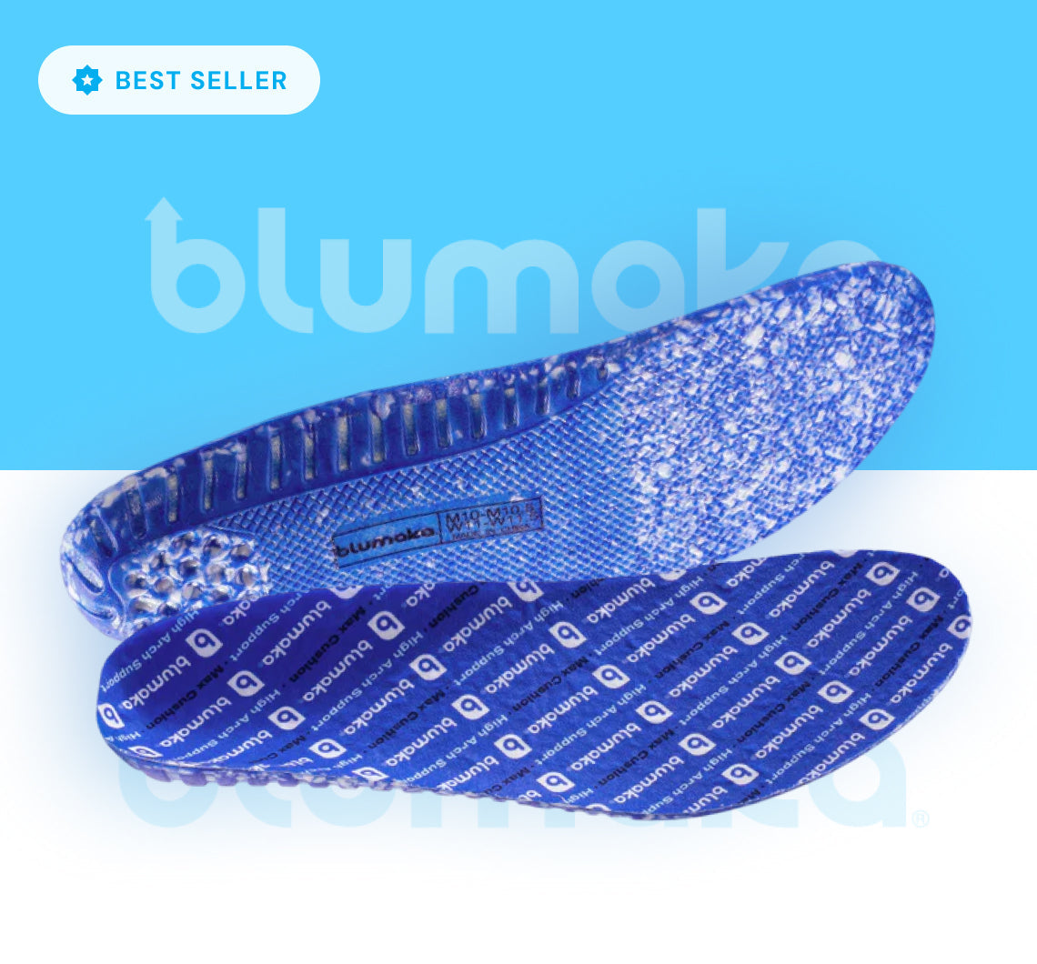 Blumaka Comfort Insoles feature a repeating logo pattern on top and a textured, speckled sole for shock absorption. A “BEST SELLER” label appears in the corner against a blue and white background with “blumaka” faintly visible.