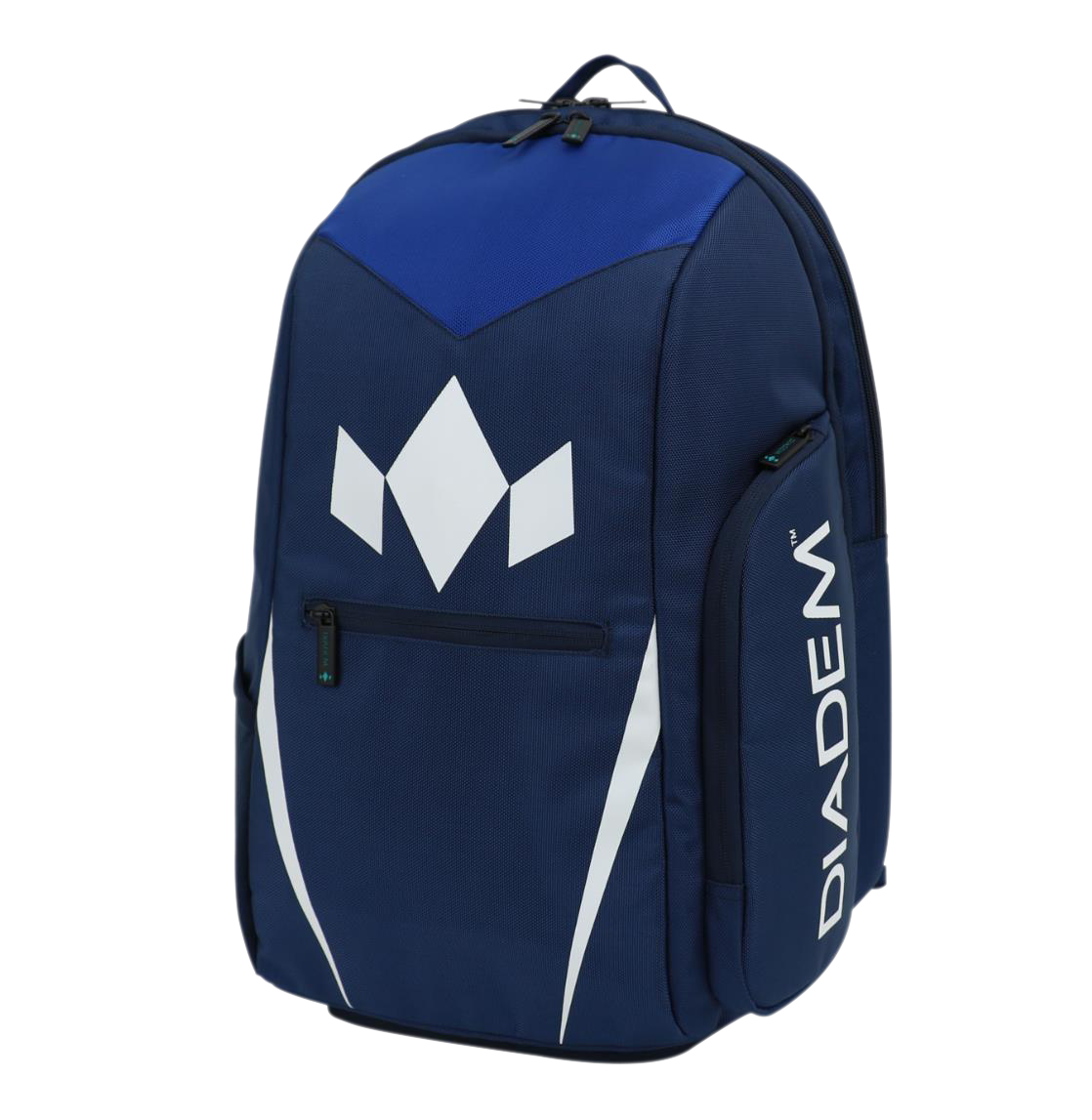 The Diadem Sports Tour v3 Backpack is a stylish navy blue tennis bag with white geometric designs and "DIADEM" vertically on the side. It features a front zipper pocket, top handle, black zipper pulls, and a blue accent on the upper front panel.