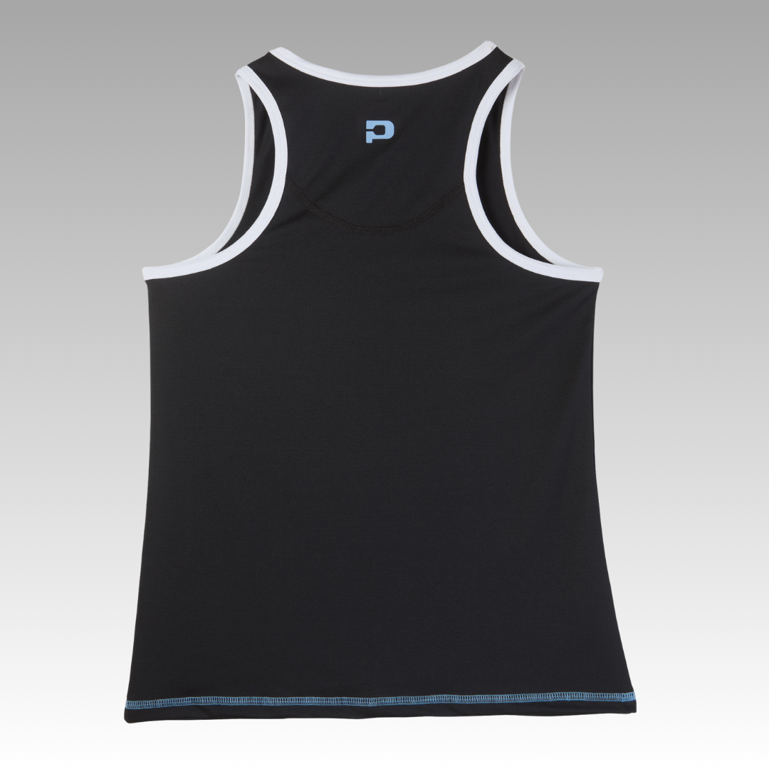 The Playly Store Pretty Tank is a black sleeveless athletic mesh top with white-trimmed armholes and neckline, shown from the back. It features a small blue logo near the upper center and a sporty, moisture-wicking design.