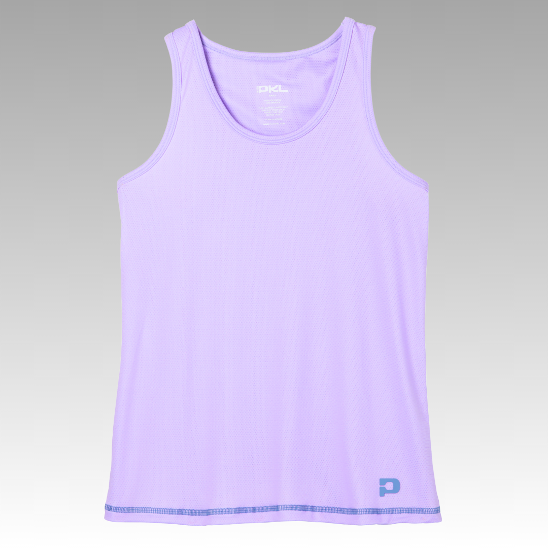 The Pretty Tank by Playly Store is a sleeveless lavender athletic top with a scoop neckline, moisture-wicking mesh fabric, and a small blue P logo on the lower left, displayed on a gray gradient background.