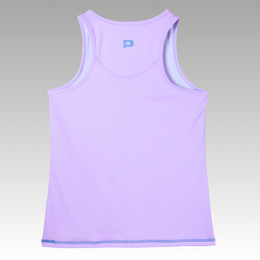 The Playly Store Pretty Tank is shown from the back against a light gray gradient background. This sleeveless lavender racerback top features a small light blue P logo and is made from lightweight, breathable, moisture-wicking mesh.