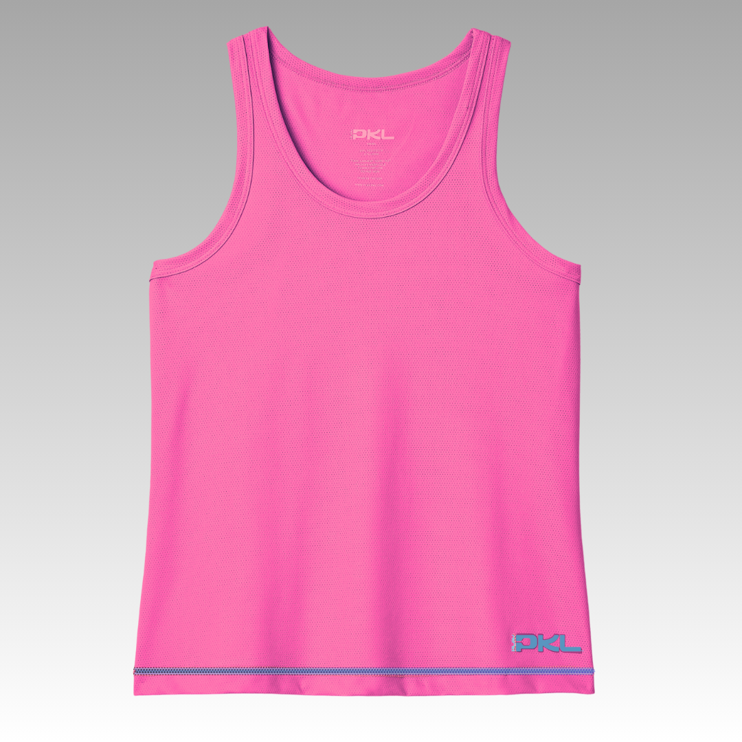 The Playly Store Pretty Tank, a bright pink sleeveless pickleball top with a scoop neckline and small blue PKL logo, is shown on a gray background. This athletic mesh tank offers lightweight, moisture-wicking comfort.