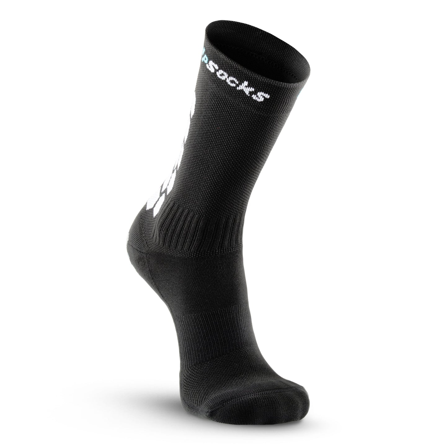 A single black GripSocks Athletic Sock With Grips, crew height, stands upright on a white background. It features a ribbed cuff and arch, anti-blister design, thick cushioning, and white geometric patterns for added style.