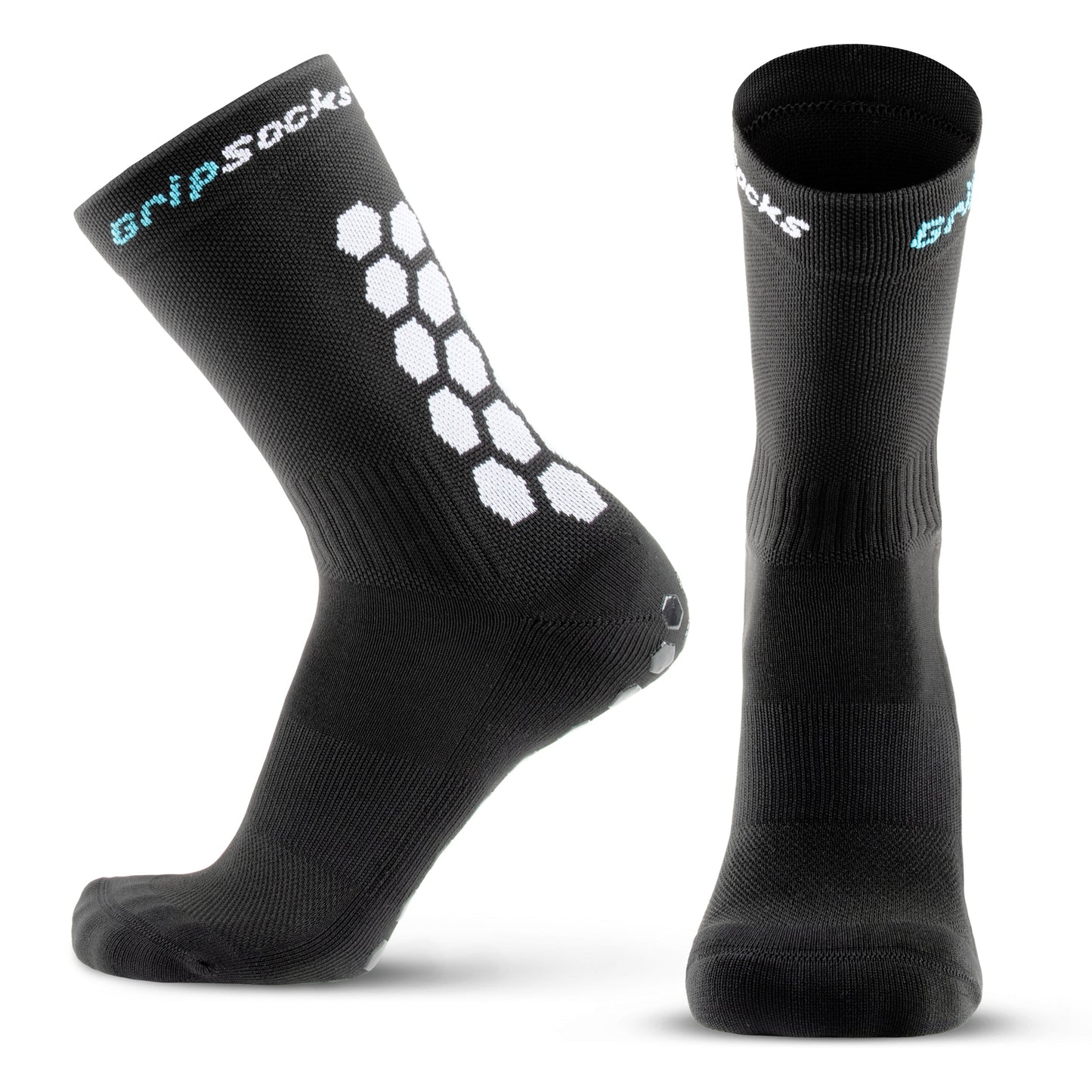 Two black GripSocks Athletic Socks with Grips are shown: one upright, one displaying a sole with white hexagonal grips. "GripSocks" in white and blue appears on each cuff, making these non-slip performance socks ideal for sports and training.