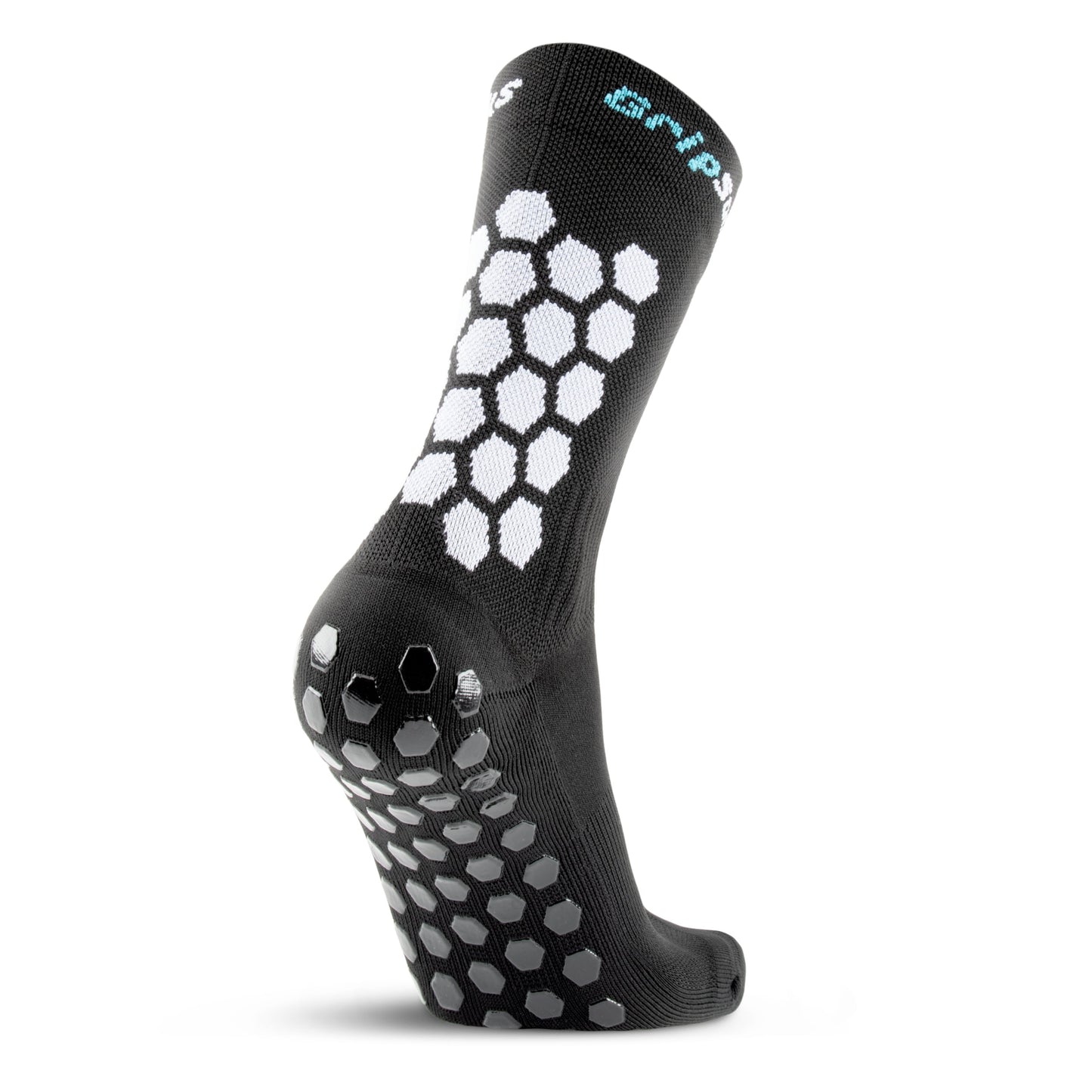 The GripSocks Athletic Socks With Grips - Crew Height - Black feature white hexagonal grip patterns on the sole and ankle, anti-blister support, and white text accents on the cuff, making them ideal for athletes.