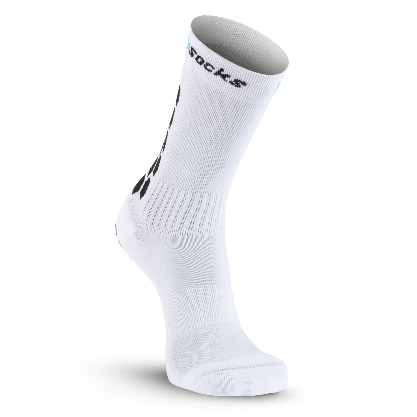 GripSocks Athletic Socks with Grips are white sports socks featuring a black geometric side pattern, ribbed support, ventilation zones, and anti-blister comfort—ideal non-slip performance socks for training and everyday wear.