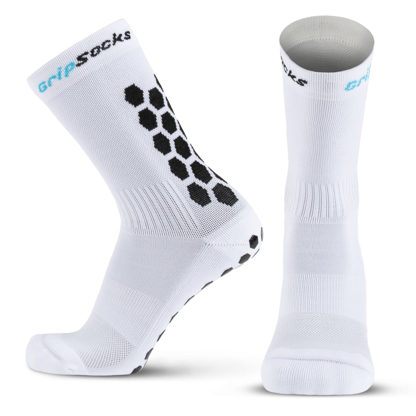 Shown are two white GripSocks Athletic Socks With Grips (crew height), one upright and one angled, featuring black hexagonal grips and “GRIP SOCKS” text near the cuff, plus advanced anti-blister technology for comfort.
