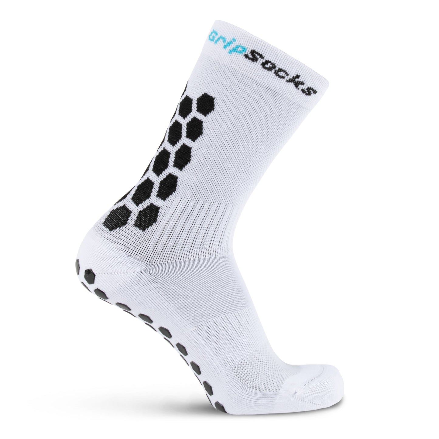 The GripSocks Athletic Socks with Grips are white, mid-calf sports socks featuring black hexagonal grip patterns on the sides and sole, plus "GripSocks" in black and blue near the cuff. Designed for performance, shown on a white background.