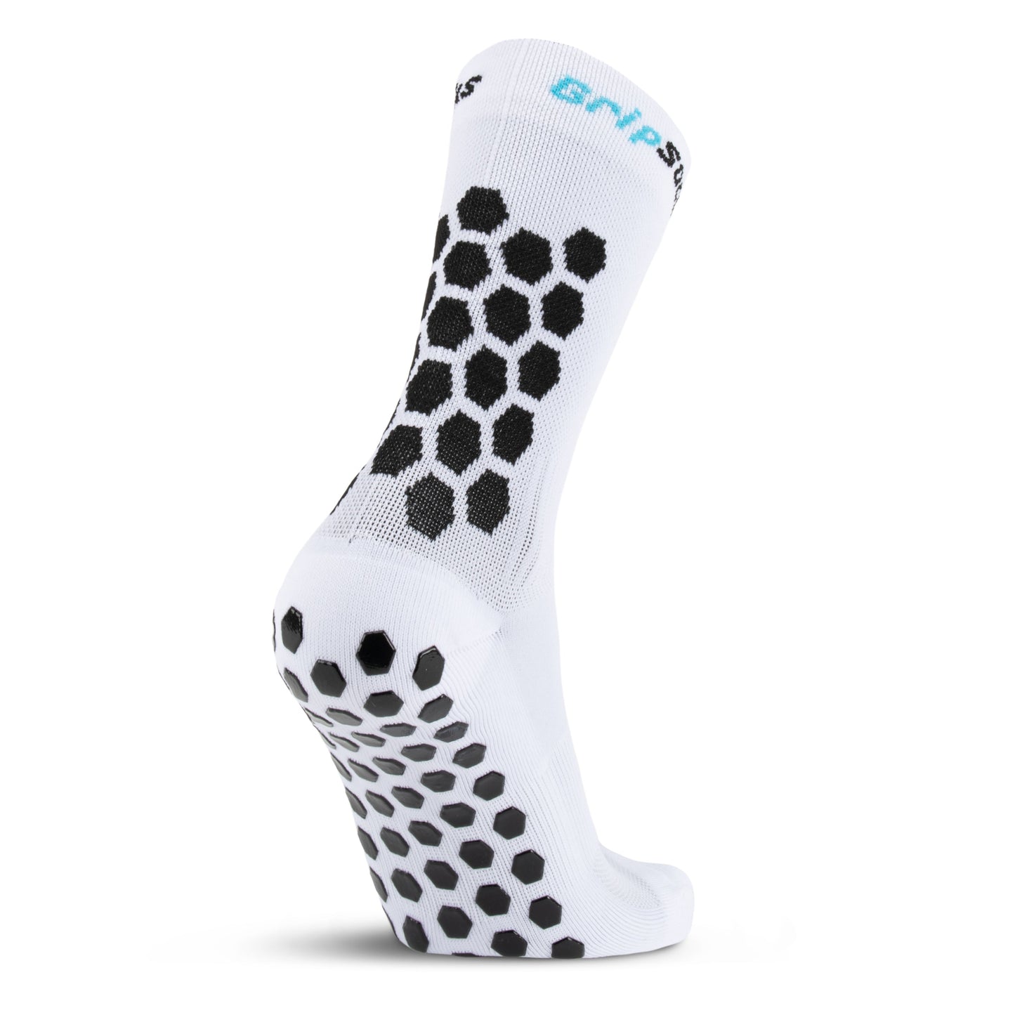 A GripSocks Athletic Sock is shown from the back, heel lifted, displaying black hexagonal grips on the sole and ankle. Light blue text appears near the cuff. These non-slip performance socks offer superior traction for training or everyday use.