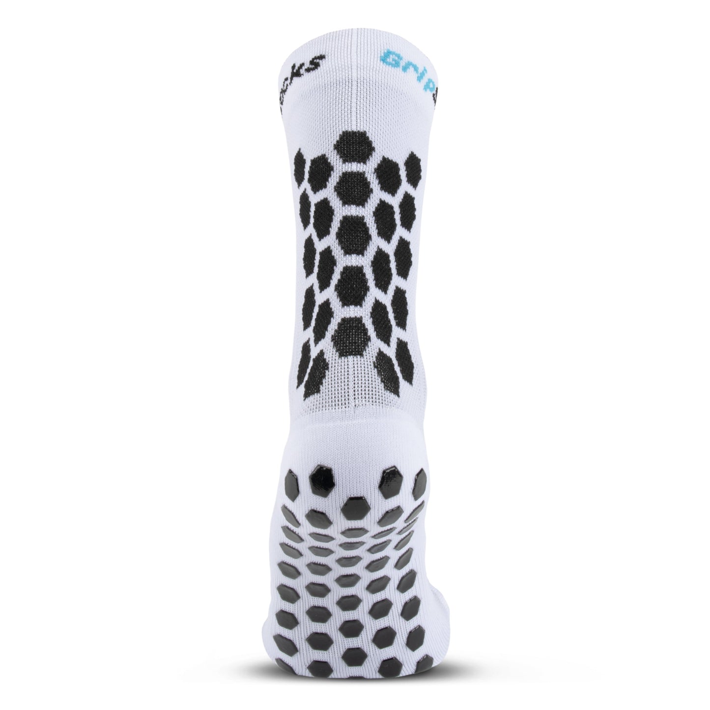 GripSocks Athletic Socks with Grips—white sports socks with black hexagonal non-slip grip patterns on the sole, shown upright from the bottom. Blue and black text detail is visible near the top cuff. Ideal for training and everyday use.