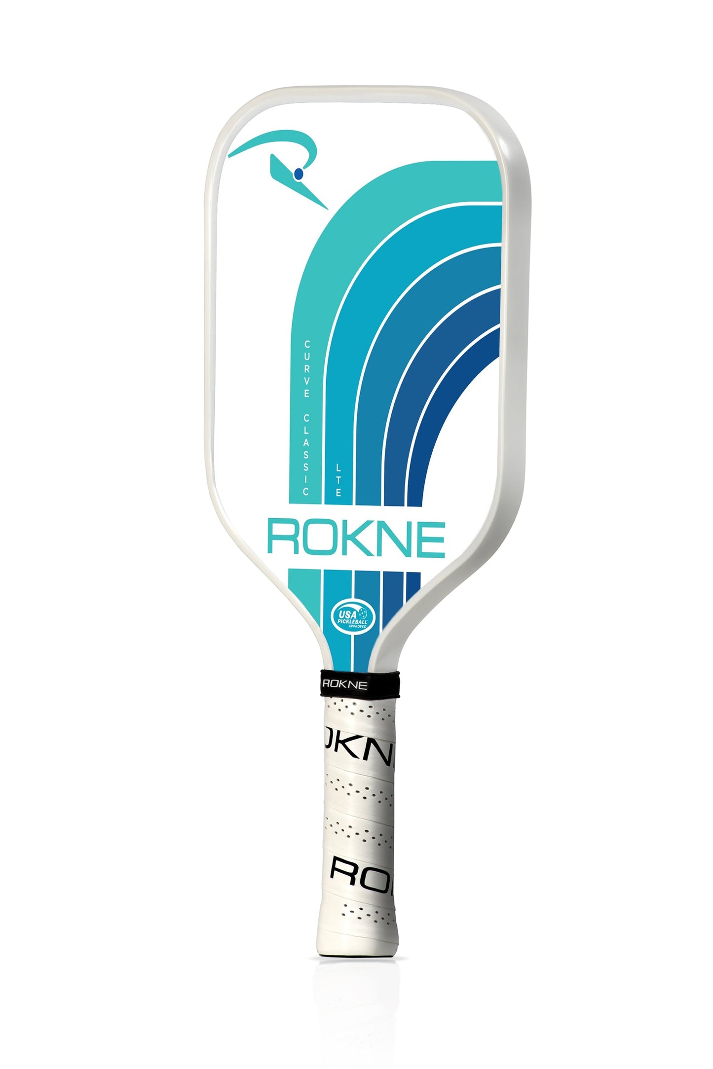 The ROKNE CURVE CLASSIC LTE pickleball paddle features a white face with teal and blue curved lines, a PROGrit fiberglass surface, and a white grip with the black ROKNE logo for a modern, sporty look.