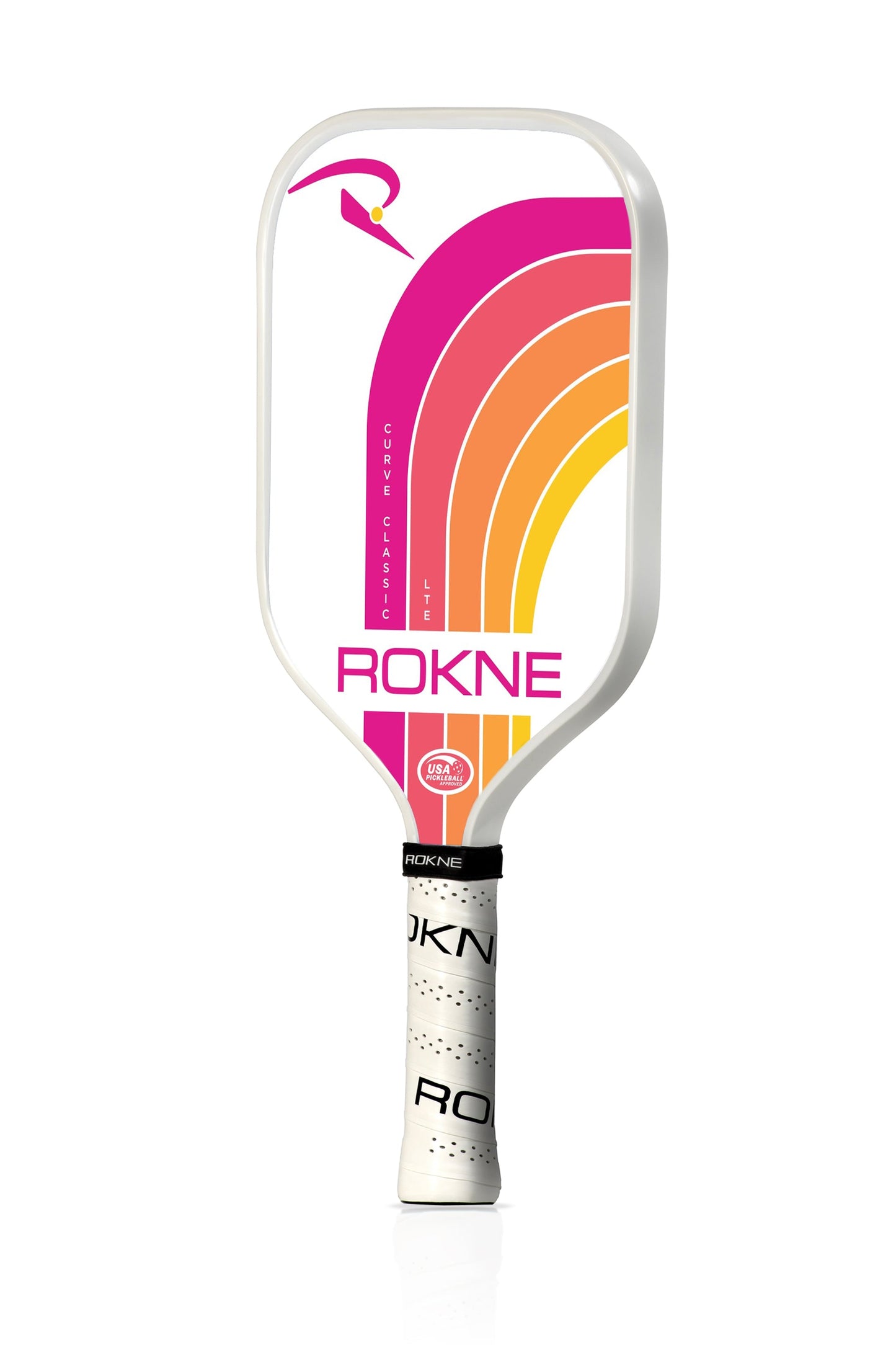 The ROKNE CURVE CLASSIC LTE pickleball paddle features a white base with curved pink, orange, and yellow stripes. Lightweight fiberglass construction, "ROKNE" in bold pink at the bottom, plus small logo and text on the white handle.
