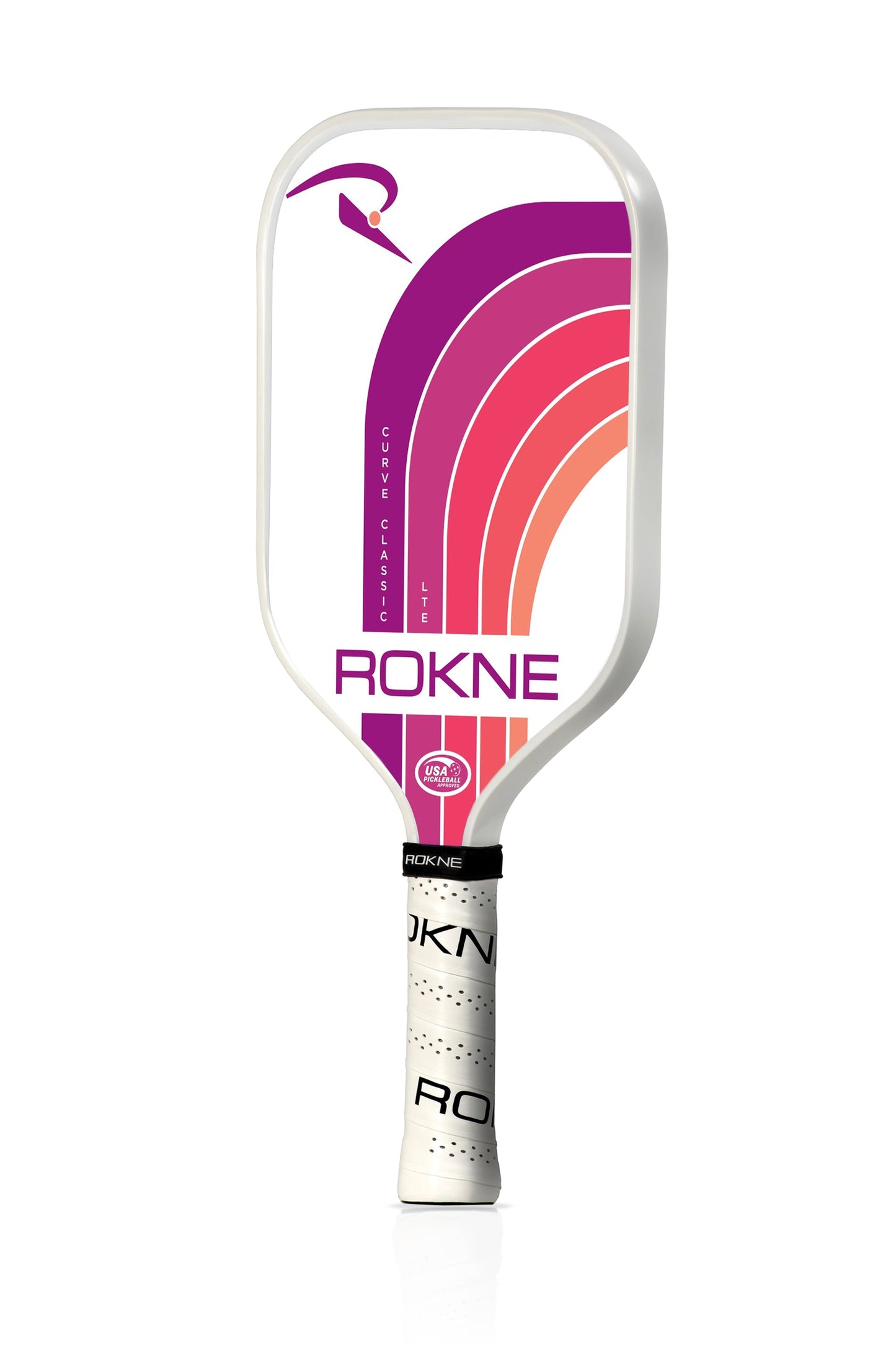 The ROKNE CURVE CLASSIC LTE is a lightweight fiberglass pickleball paddle with curved magenta, purple, and coral lines, a stylized bird logo, bold “ROKNE,” PROGrit texture, USA Pickleball approval at the base, and a white grip with black text.