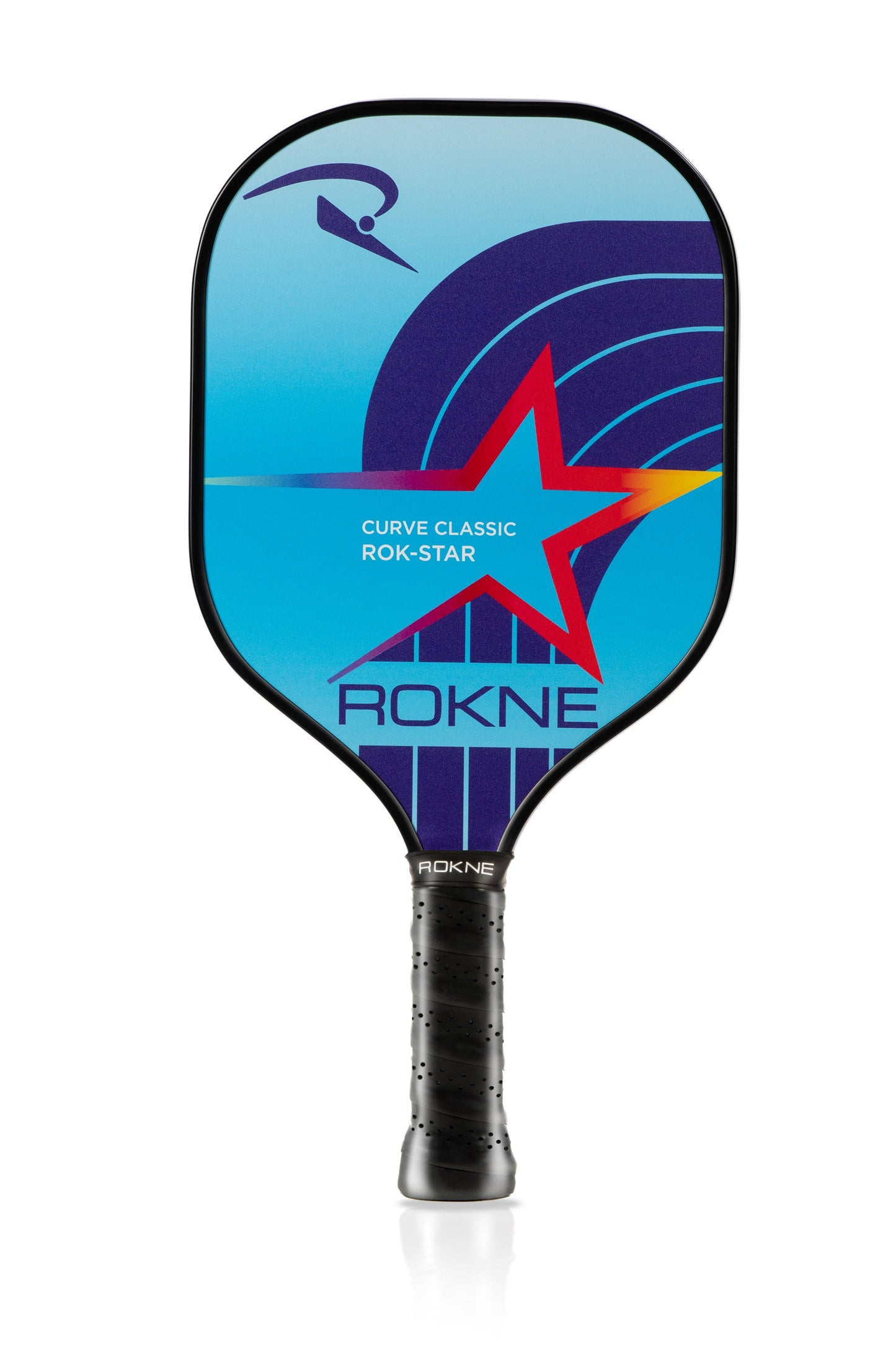 The ROKNE CURVE CLASSIC ROK-STAR (KIDS PADDLE) is a lightweight blue pickleball paddle with black edges, a large red star, curved purple lines, “ROKNE” at the bottom, the model name above the star, and a stylized R logo near the top.