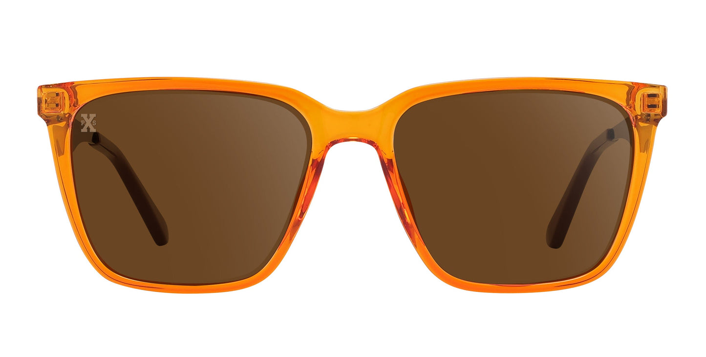 Front view of Neven Eyewear Java sunglasses featuring rectangular translucent orange plastic frames, dark brown polarized lenses, slightly visible temples, and a small white logo on the top corner of the left lens.