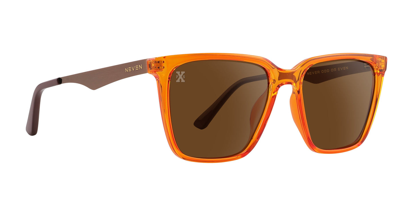 Neven Eyewear’s Java sunglasses feature square, orange translucent frames, brown-tinted polarized lenses, slim brown arms, and “NEVEN” in white on the left temple—all set against a plain white background.
