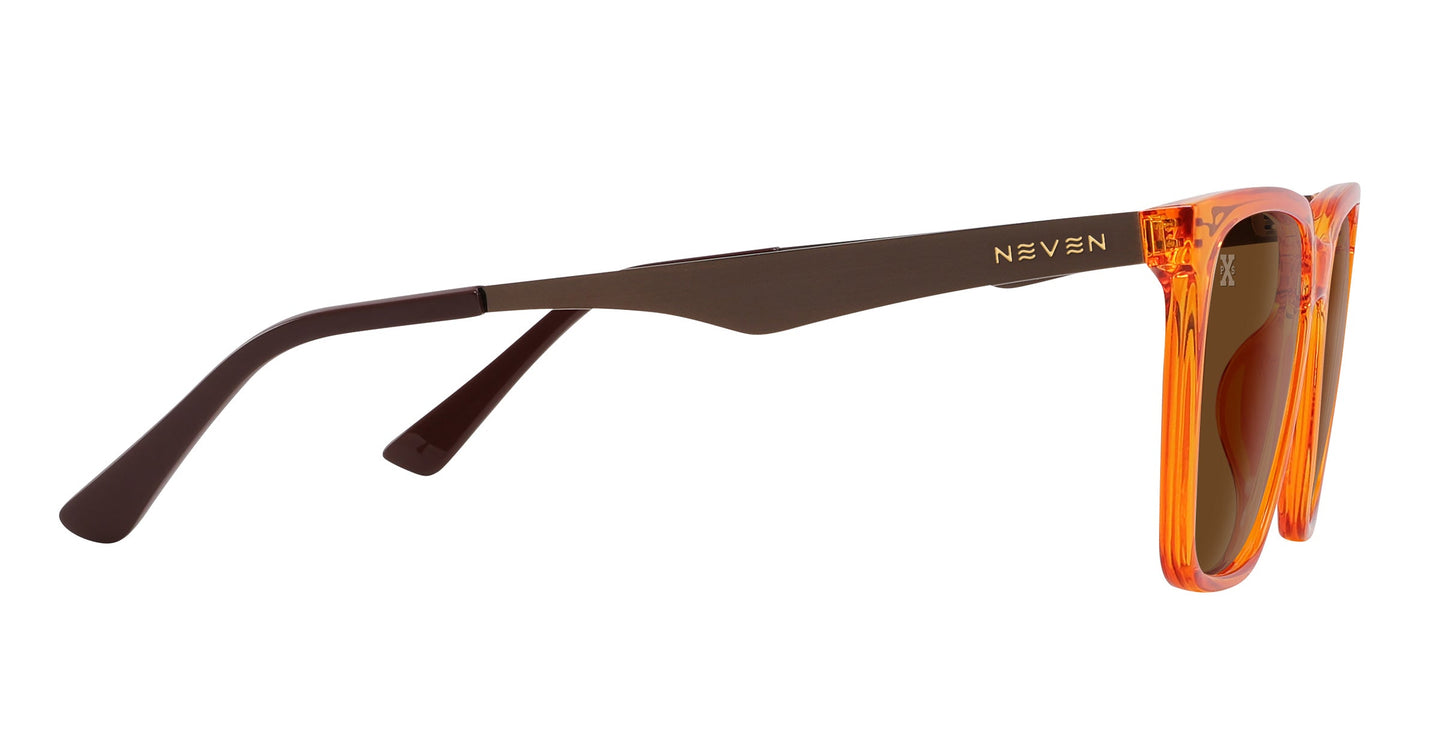 Side view of Neven Eyewear's Java sunglasses, featuring brown arms and a translucent orange rectangular frame. The gold NEVEN logo appears near the hinge. Java offers modern style with brown-tinted polarized lenses.