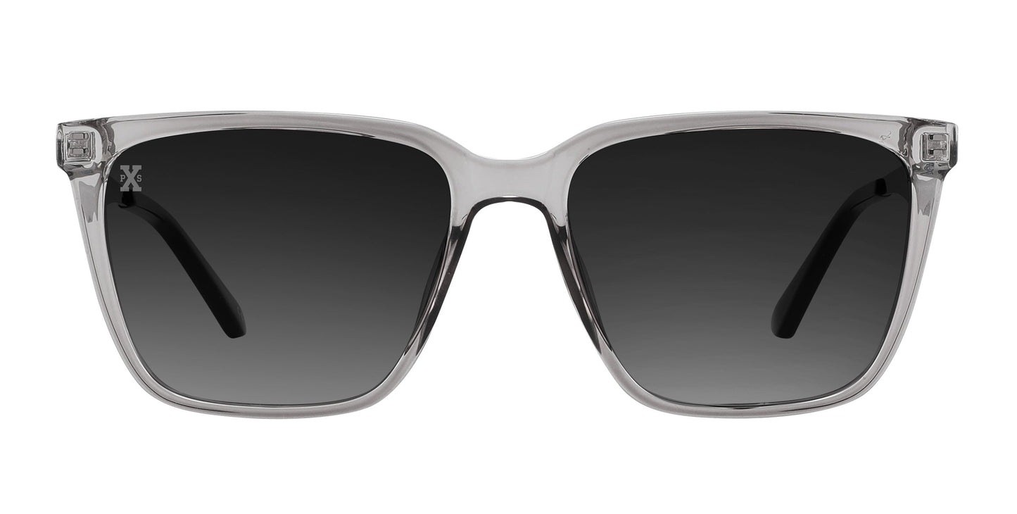 Neven Eyewear’s Tornado sunglasses feature clear, square glossy frames, dark gradient lenses, and black temples. Their modern style stands out against a plain white background.