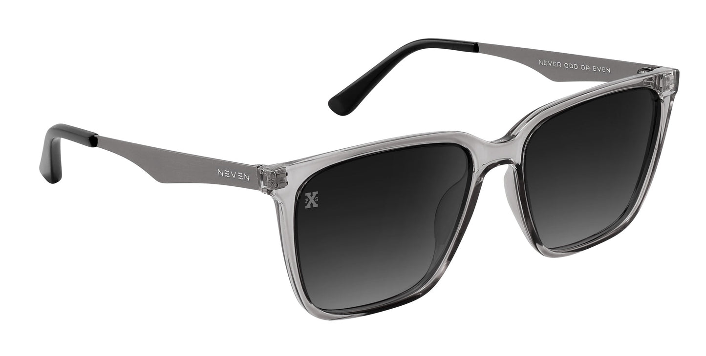 Neven Eyewear Tornado sunglasses feature square dark gradient lenses, transparent gray plastic frames, and silver metal arms with black tips. "NEVER ODD OR EVEN" is engraved inside, and NEVEN appears outside near the temple.