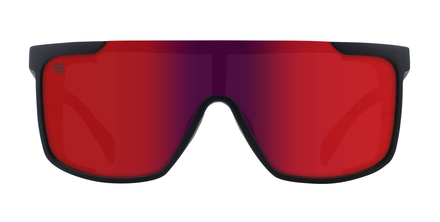 Neven Eyewear’s Blood Moon sports sunglasses feature a modern, angular wraparound design with a matte black frame and large mirrored red lenses. These impact-resistant, anti-saltwater shades are ideal for active outdoor use.