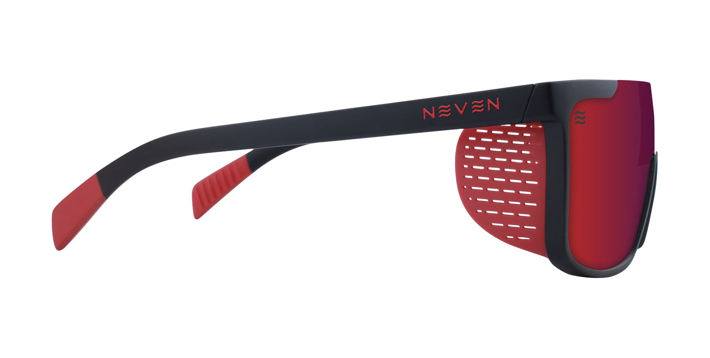 Side view of Neven Eyewear Blood Moon sunglasses featuring black and red frames with red mirrored, impact-resistant lenses, red temple tip accents, perforated red side shields, and "NEVEN" in red on the temple above the shield.