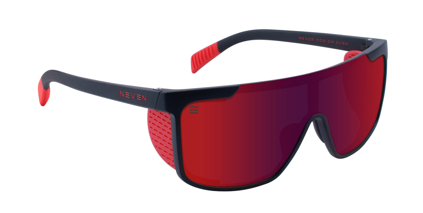 Blood Moon by Neven Eyewear: Sporty sunglasses with a black frame, red temple tip accents, and removable side shields. Features a large, reflective red impact-resistant lens. "NEVEN" on left arm; inside right reads "NEVER ODD OR EVEN.