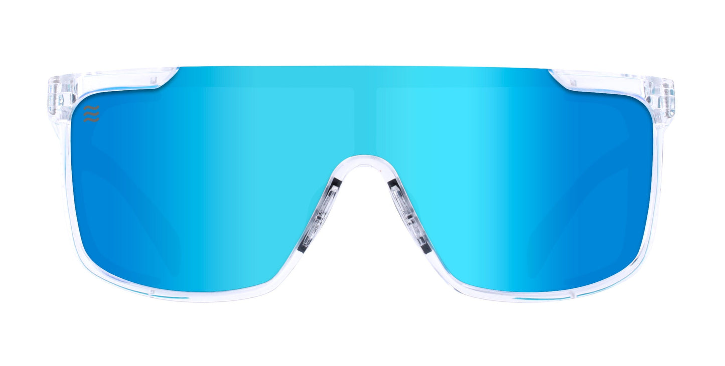 The Neven Eyewear Iced Earth sunglasses feature a single large blue mirrored lens, clear plastic frame, transparent arms, UV400 protection, and an angular wraparound design for a modern look.