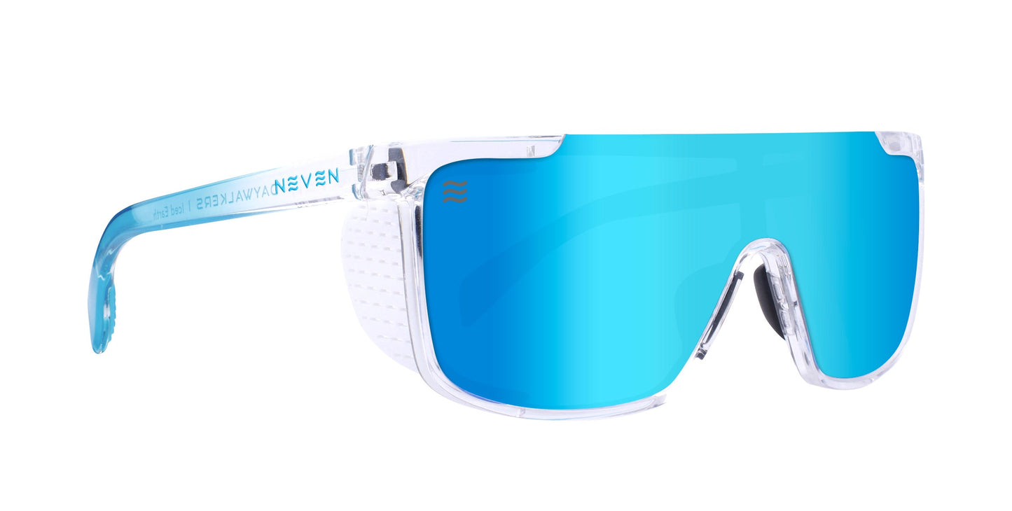 Iced Earth by Neven Eyewear are futuristic wraparound sunglasses with mirrored blue lenses, a clear frame, and NEVEN Eyewear on the left arm. Offering UV400 protection, these sporty shades are perfect for any adventure.