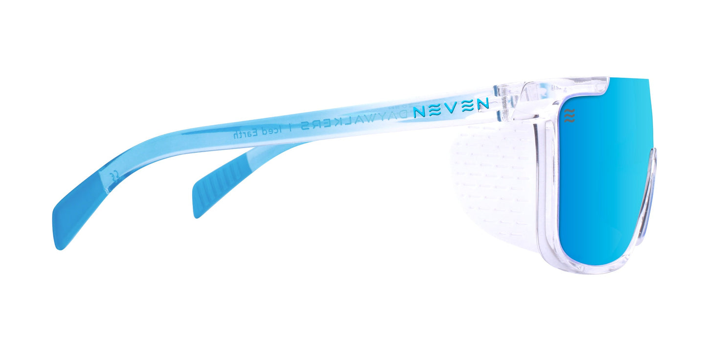 Side view of Iced Earth sunglasses by Neven Eyewear featuring blue-tinted UV400 lenses, a clear frame, white textured side shields, and blue arms with visible NEVEN branding and blue rubber grip tips.
