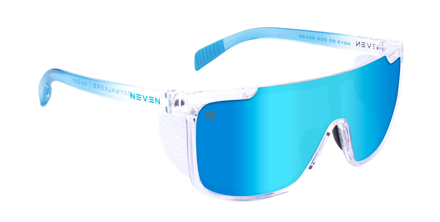 Iced Earth by Neven Eyewear: futuristic sunglasses with a single blue mirrored visor lens, transparent frames, UV400 protection, and light blue arms featuring “NEVEN” and “NEVER ODD OR EVEN”—modern anti-saltwater shades for any adventure.