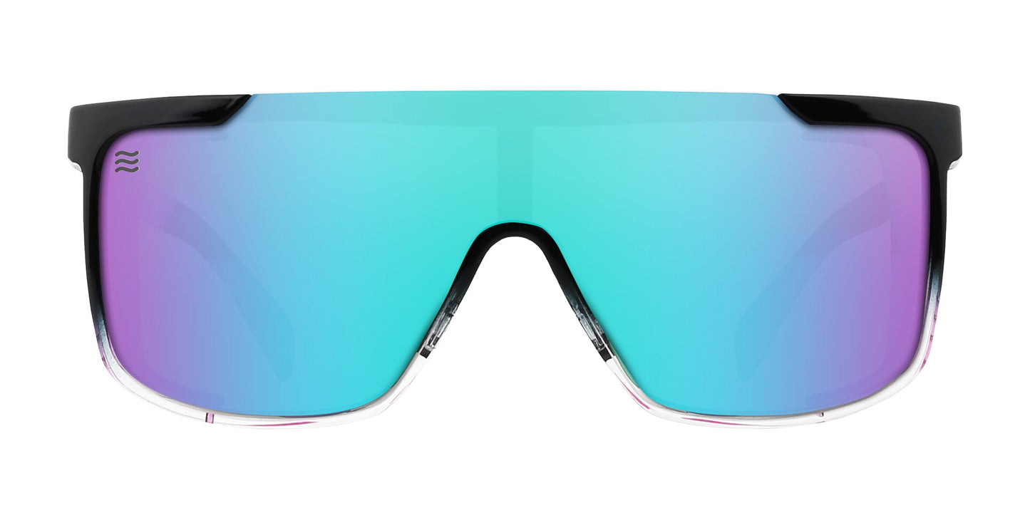 Part of the Neven Eyewear Daywalkers Collection, the Night Watch sunglasses feature a single oversized shield lens with a blue-to-purple gradient, black-to-clear frame, removable side shields, and a wave logo in the top left corner.