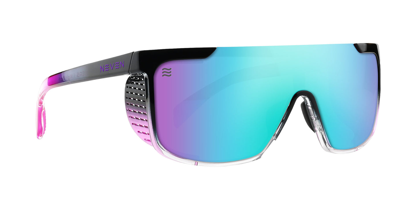 The Night Watch by Neven Eyewear: futuristic sunglasses with a wide, single blue-green gradient polarized lens, black frame, pink-purple accents, and arms fading to translucent pink with textured metallic detail. Plain white background.