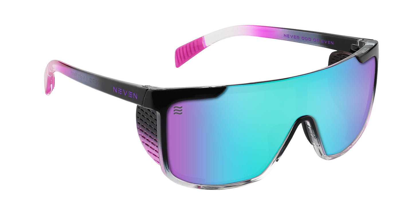 The Night Watch by Neven Eyewear features a single blue-green mirrored lens, black and transparent frame, pink to purple gradient arms with ridged grips, and “NEVER ODD OR EVEN” printed on the right arm.