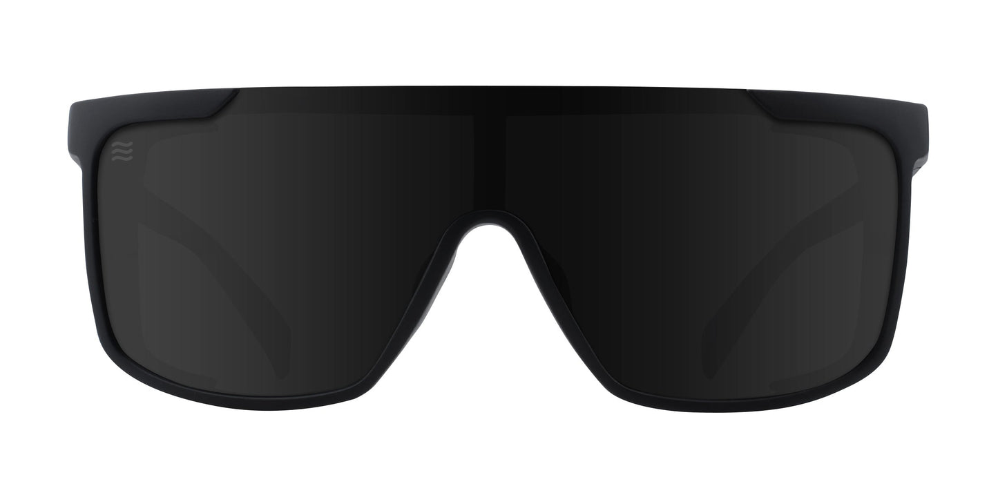Pitch Black by Neven Eyewear: Futuristic wraparound sunglasses featuring a single wide dark-tinted lens, matte black frame, and bold sporty style. These shades deliver seamless UV400 protection against harmful rays.