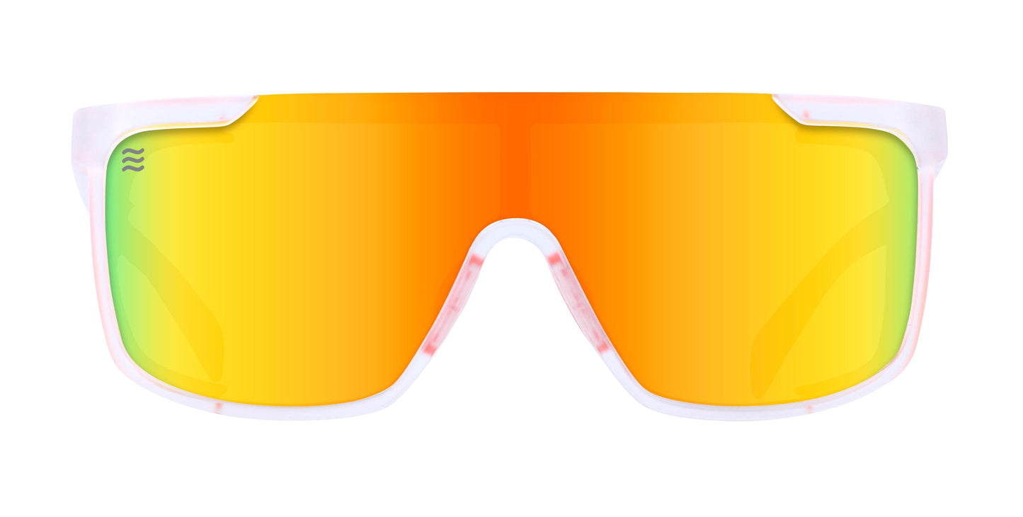 Front view of Neven Eyewear Sunflare sunglasses featuring a sporty wraparound white frame and large seamless yellow-orange mirrored lens with green hints, small wave logo on the upper left, UV400 protection, and plain white background.