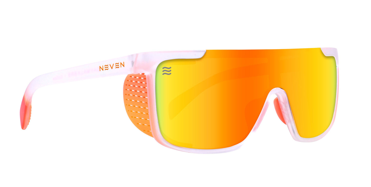 Sunflare by Neven Eyewear: sporty polarized sunglasses with a white and orange frame, orange-yellow mirrored wraparound lens, orange ear tips, impact-resistant lenses, NEVEN in gold on the temple, and a wave logo on the lens.
