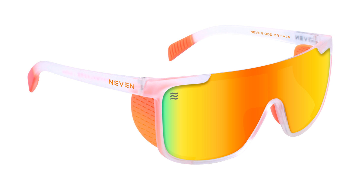 Sunflare by Neven Eyewear: sporty polarized sunglasses with translucent white and neon orange frames, UV400 protection, orange textured side shields, a yellow-orange gradient mirrored lens, and “NEVEN/NEVER ODD OR EVEN” printed on the frames.
