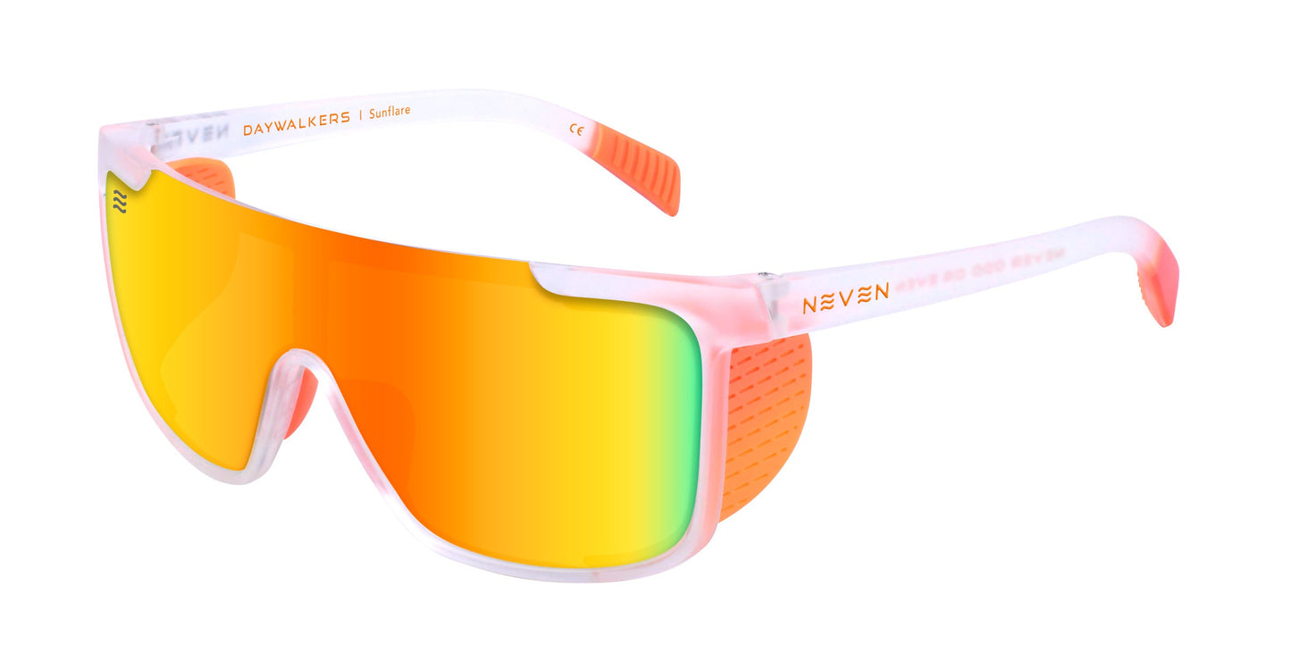 The Sunflare by Neven Eyewear features a single wraparound yellow-orange mirrored lens with UV400 protection, impact resistance, a translucent white frame, orange ear grips, and bold NEVEN branding for a futuristic visor-style look.