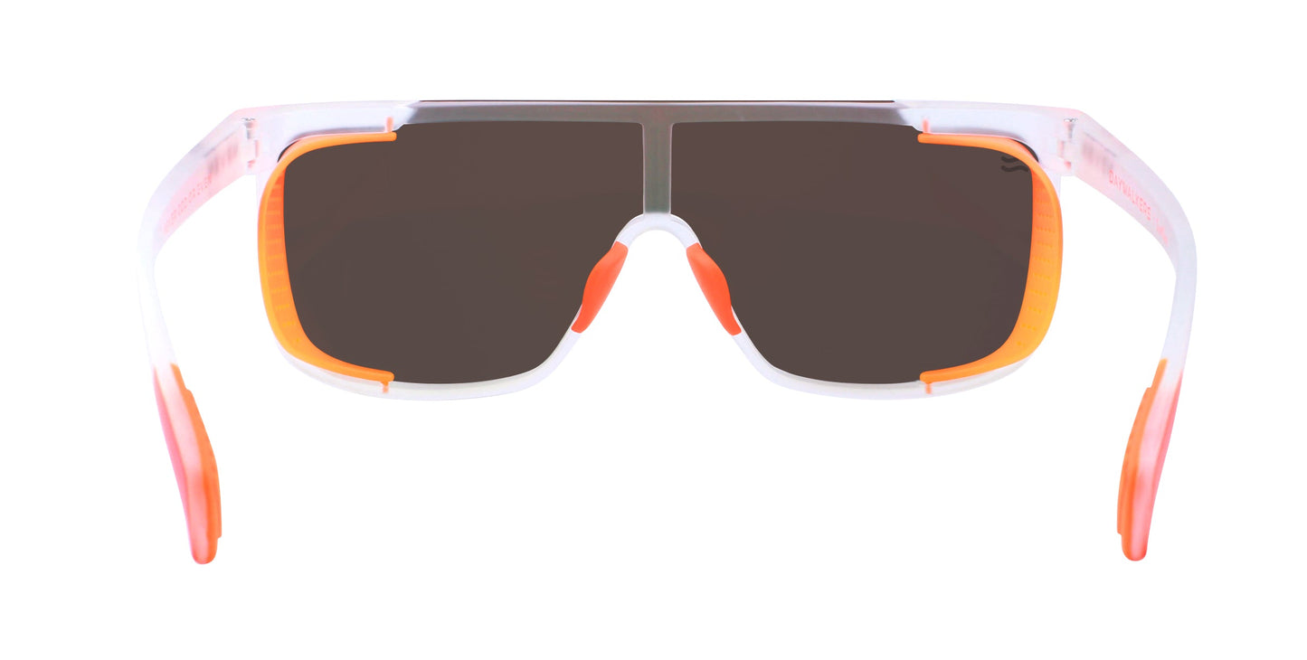 The Sunflare by Neven Eyewear are sporty polarized sunglasses featuring large, dark impact-resistant lenses and a thick, translucent white frame with vibrant orange accents. Their bold design offers UV400 protection against harmful rays.