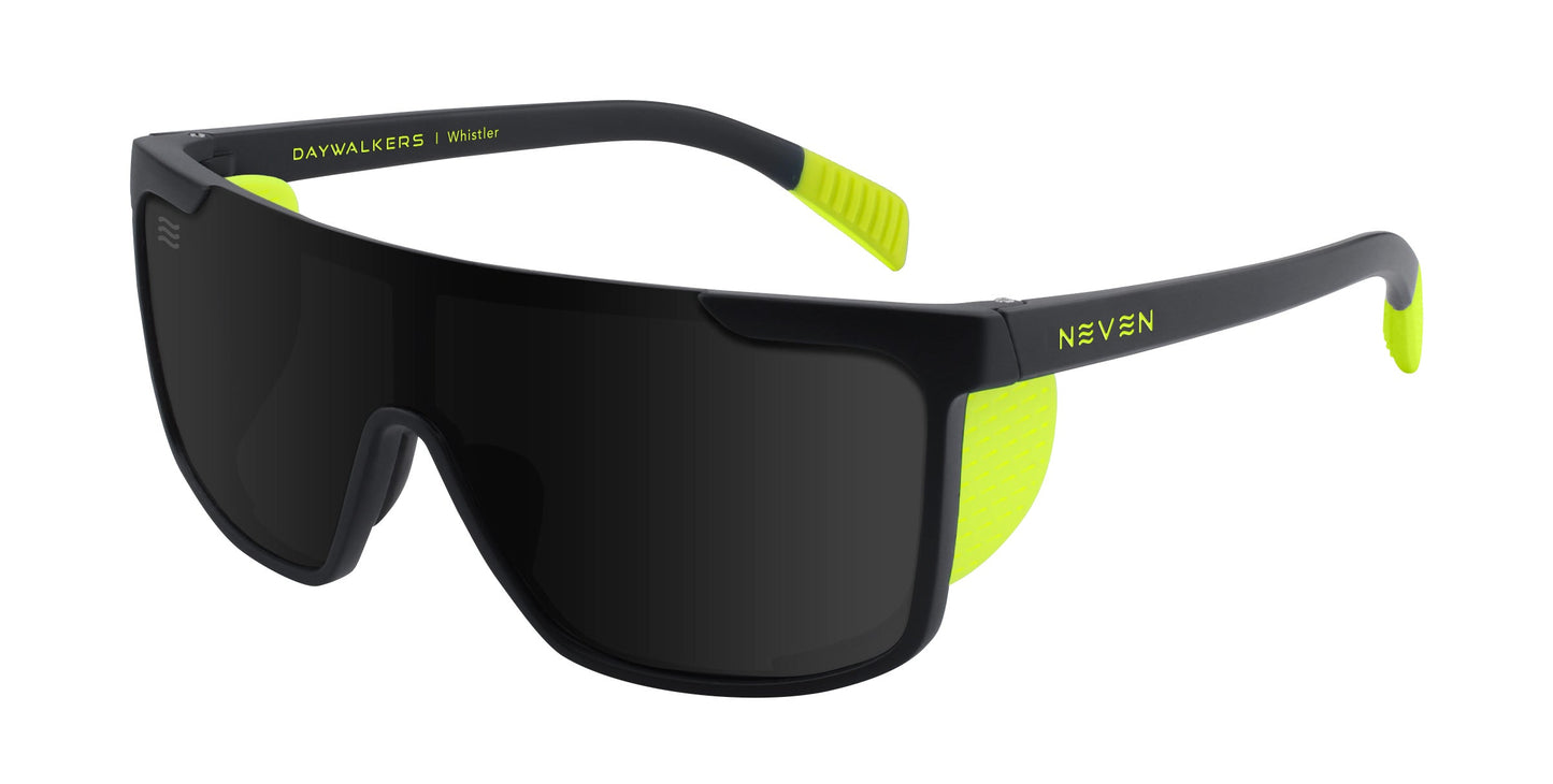 Neven Eyewear Whistler sunglasses feature wide dark lenses, neon yellow accents, and the “NEVEN” logo. With polarized UV400 protection and a bold design, “DAYWALKERS | Whistler” is printed on the left arm for a modern look.