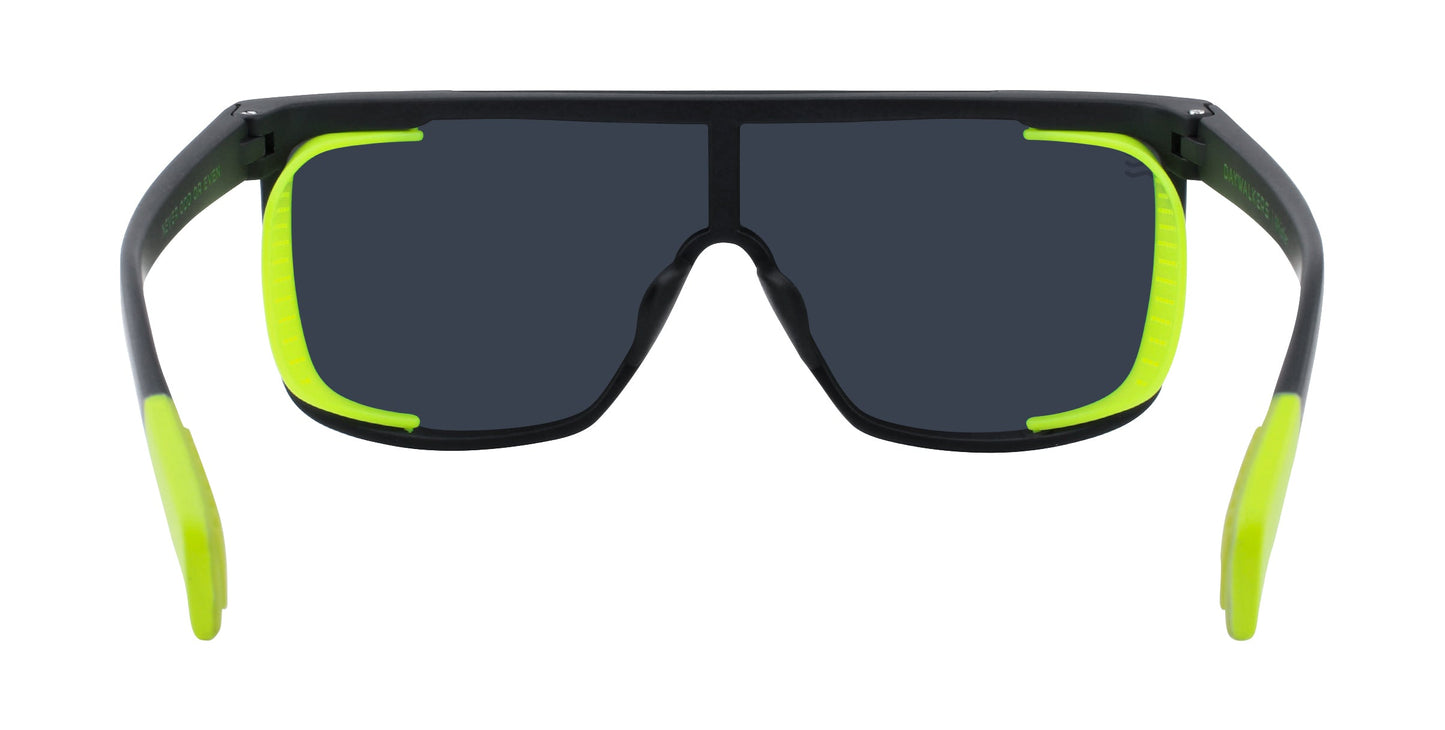 Neven Eyewear's Whistler sunglasses feature a bold black frame with neon green details, large dark polarized UV400 lenses, and a modern design for standout style and superior eye protection.