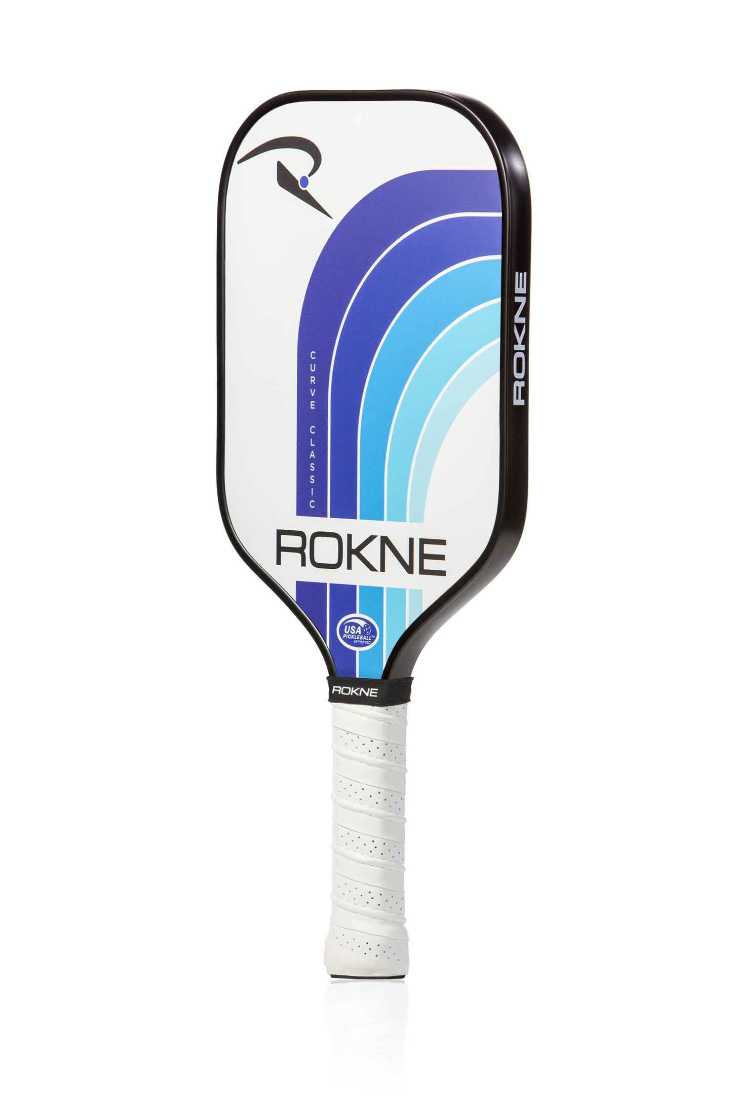 The ROKNE CURVE CLASSIC ORIGINAL pickleball paddle has a white face with blue and teal arches, black edges, and a white textured grip. It features a honeycomb core, PROGrit surface, ROKNE logo, and a certification sticker by the handle.
