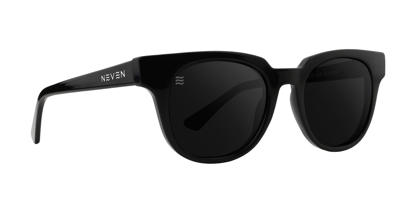 A stylish pair of Neven Eyewear Cerberus sunglasses from the Dementor Collection, featuring round black polarized lenses, a glossy black frame, and “NEVEN” embossed in white on the left arm for a sleek, modern look.